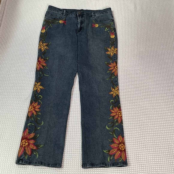 Diane Gilman Blue Jeans with Handpainted Florals - Picture 1 of 11
